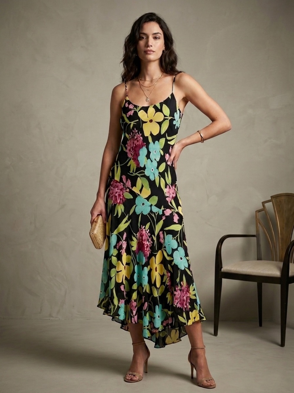 Vintage Floral 100% Silk Elegant Retro Maxi Spaghetti Dress Timeless Luxury 8